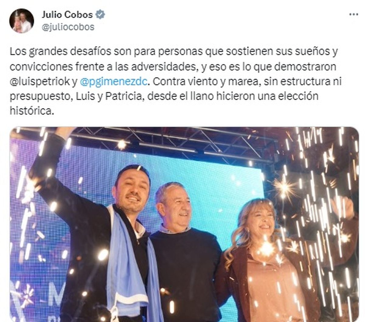 Así felicitaba Julio Cobos a Luis Petri y a Patricia Giménez por el resultado obtenido en las PASO.