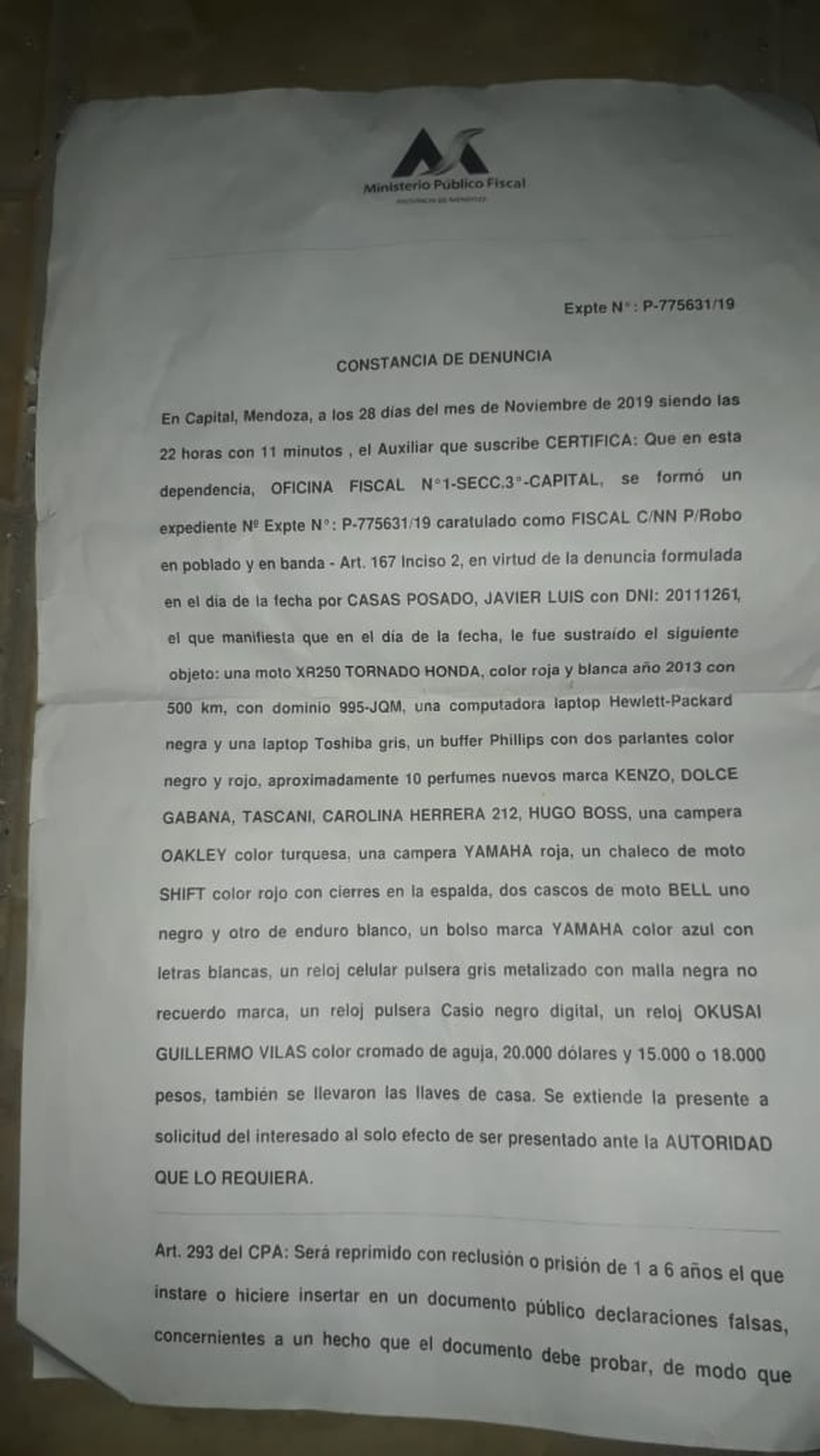 La denuncia judicial que hizo el dueño de la moto en 2019.