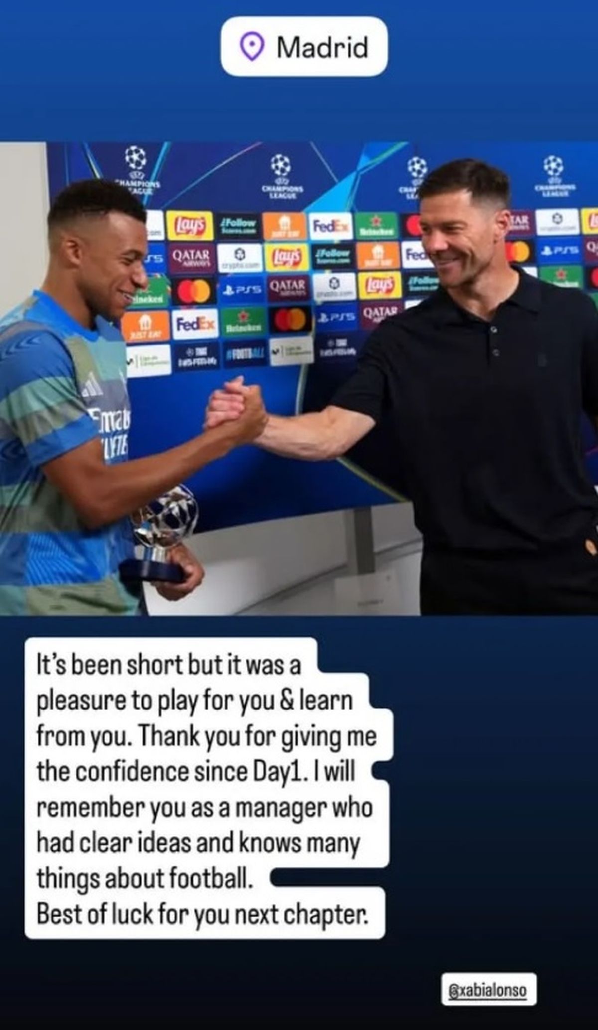 Kylian Mbapp&eacute; le dedic&oacute; un mensaje de despedida a Xabi Alonso.