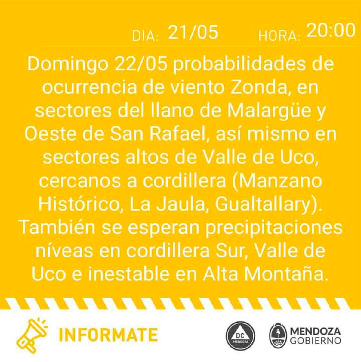 Alerta meteorológica para algunos sectores de Mendoza con probabilidad de ocurrencia de viento Zonda.