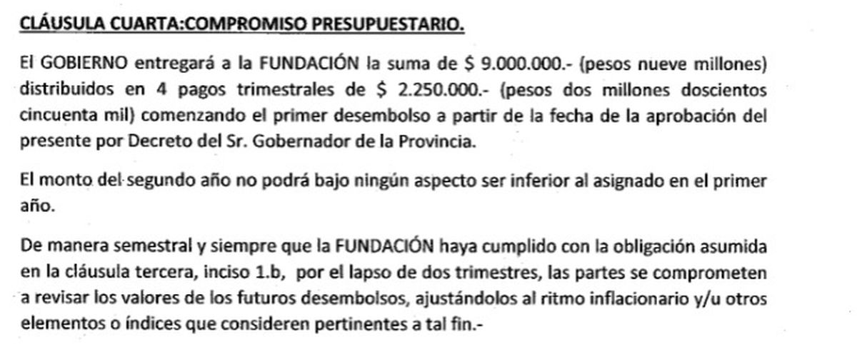 La cláusula del convenio que garantizaba el desembolso de $9 millones en varias cuotas, aclarando que el año que viene el monto no podía ser inferior.