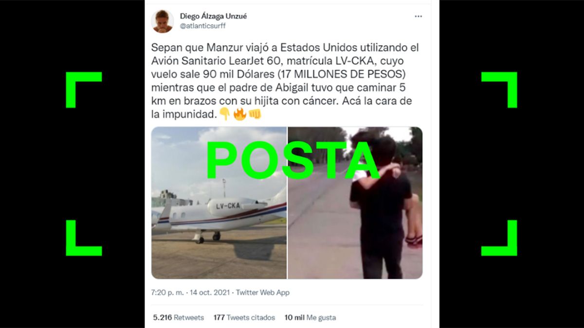 Juan Manzur viajó a Estados Unidos en el avión sanitario de la provincia de Tucumán.