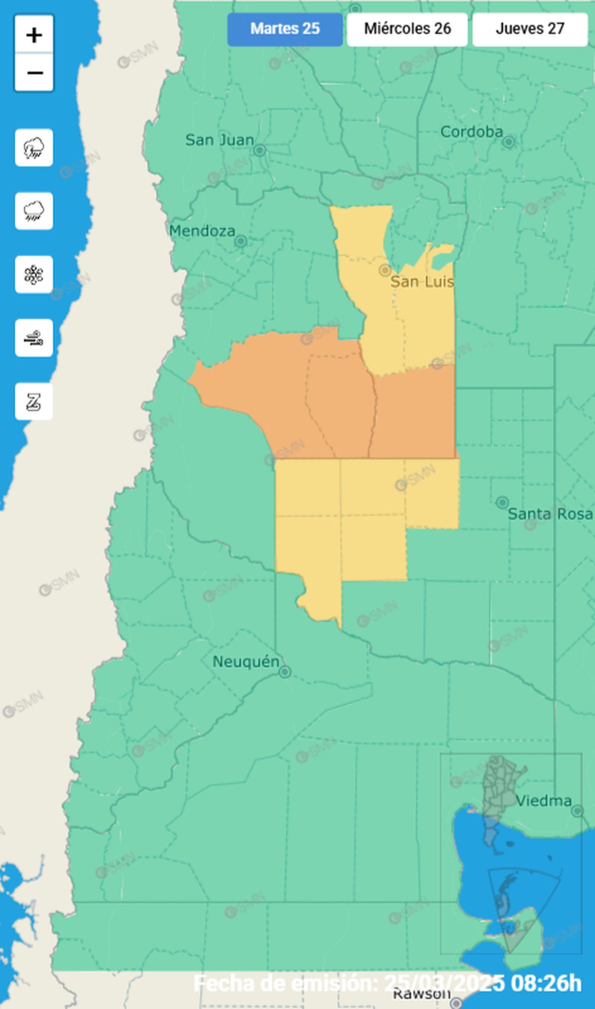 Pronóstico de tormentas para General Alvear y San Rafael, según el Servicio Meteorológico Nacional (SMN). Pronóstico de tormentas para General Alvear y San Rafael, según el Servicio Meteorológico Nacional (SMN).
