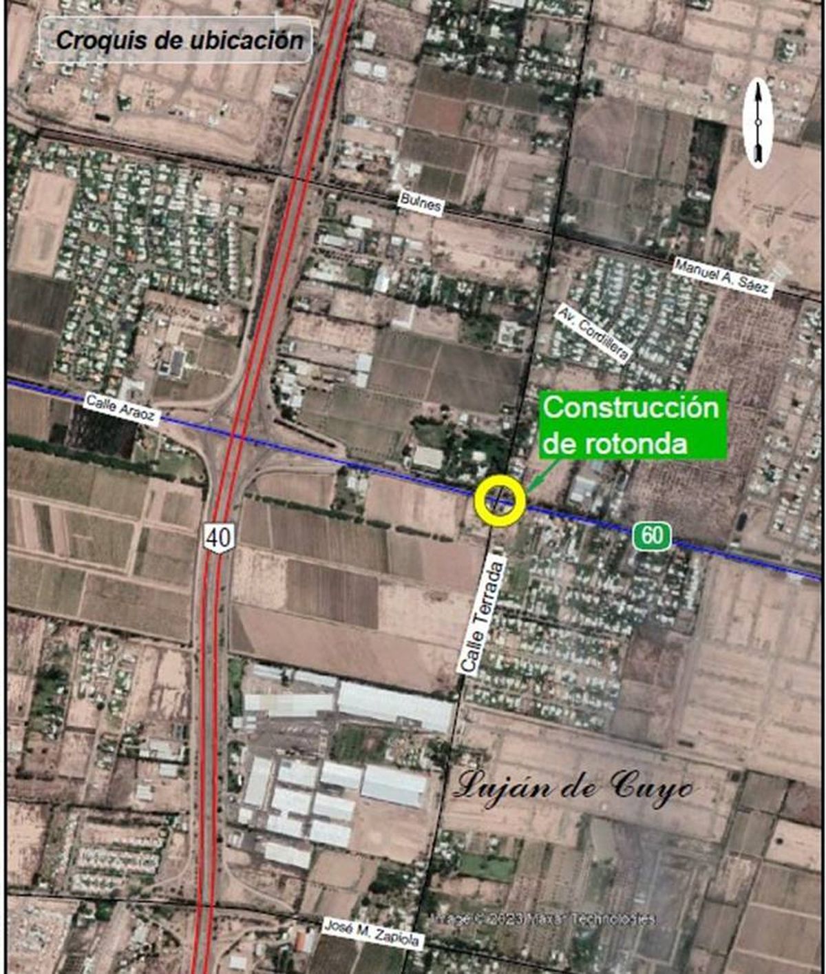 El mapa ubica el punto donde Vialidad Mendoza quiere construir una rotonda, que es sobre Terrada y Ruta Provincial 60, en Luján de Cuyo. El mapa ubica el punto donde Vialidad Mendoza quiere construir una rotonda, que es sobre Terrada y Ruta Provincial 60, en Luján de Cuyo.