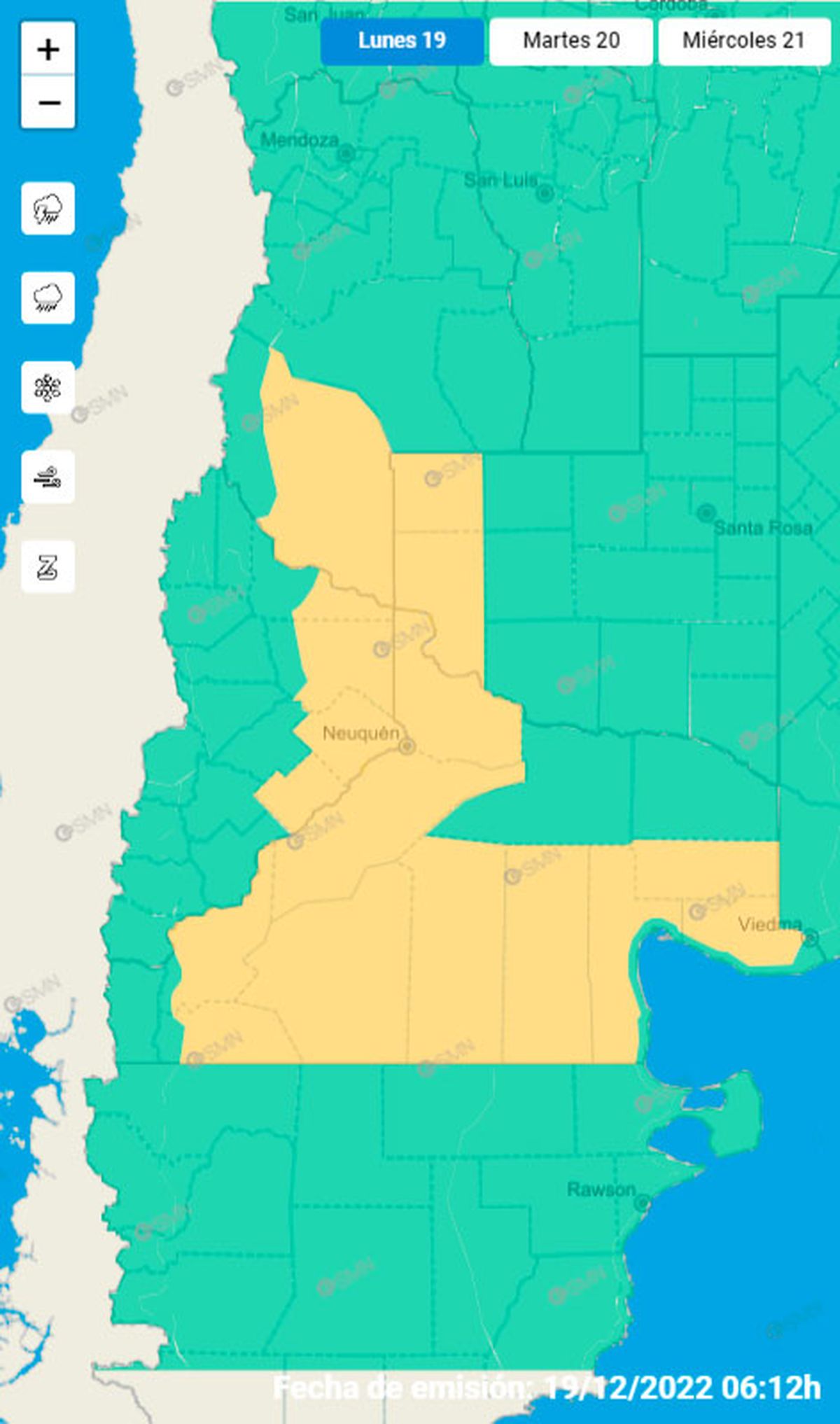 El Servicio Meteorológico Nacional (SMN) emitió también una alerta amarilla para el sureste de Mendoza.