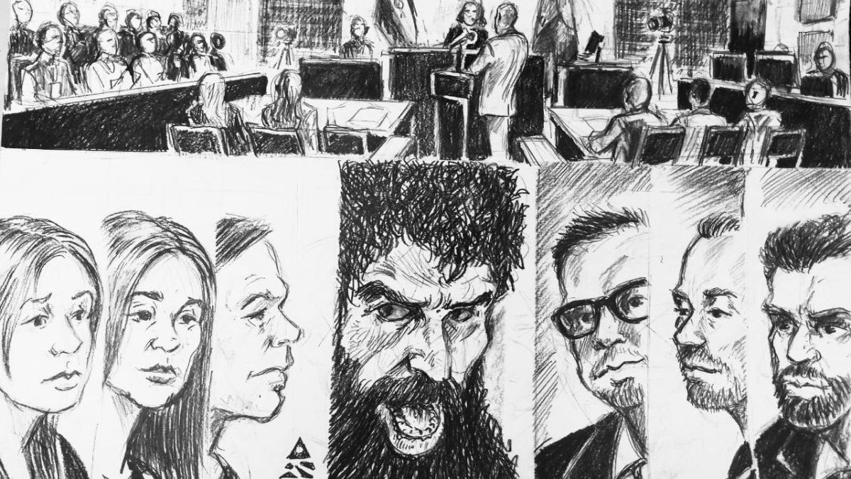 Imagen del trabajo de court sketch que hizo el artista Damián Pérez Santos durante el juicio contra Gil Pereg.
