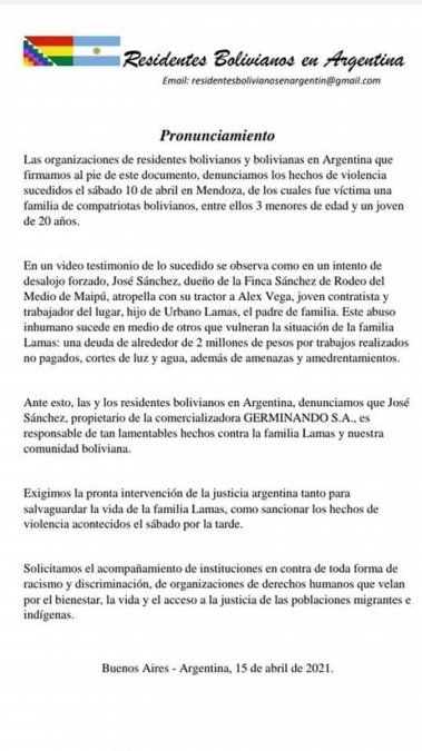 Comunidades bolivianas del todo el país piden justicia por la familia amenazada y atacada&nbsp; en Mendoza
