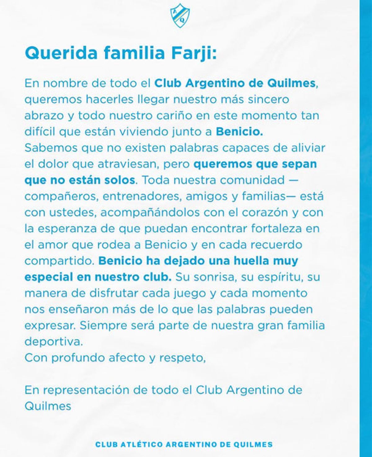 Tras el accidente, el Club Argentino de Quilmes emitió un comunicado.