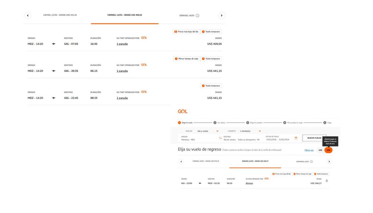 En la primera imagen se ve el precio de los vuelos desde Mendoza a Río de Janeiro. En la segunda imagen se ve el precio de un vuelo de Río de Janeiro a Mendoza. Captura de pantalla a Copa Airlines. Composición: Diario Uno. En la primera imagen se ve el precio de los vuelos desde Mendoza a Río de Janeiro. En la segunda imagen se ve el precio de un vuelo de Río de Janeiro a Mendoza. Captura de pantalla a Copa Airlines. Composición: Diario Uno.