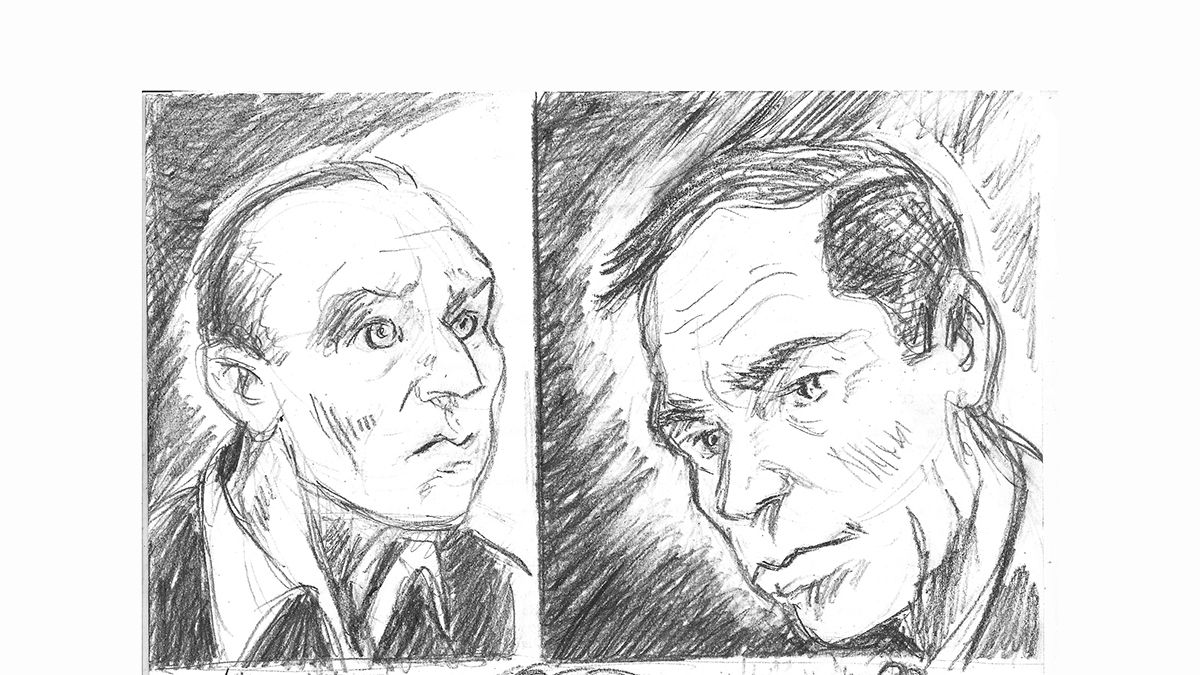 El condenado Salas Cracco y el fiscal jefe de Homicidios, Fernando Guzzo, según el artista gráfico.