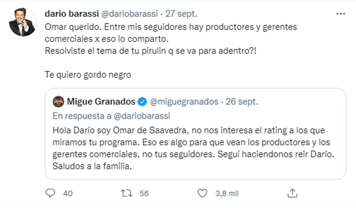 La respuesta de Dar&iacute;o Barassi a Migue Granados en Twitter
