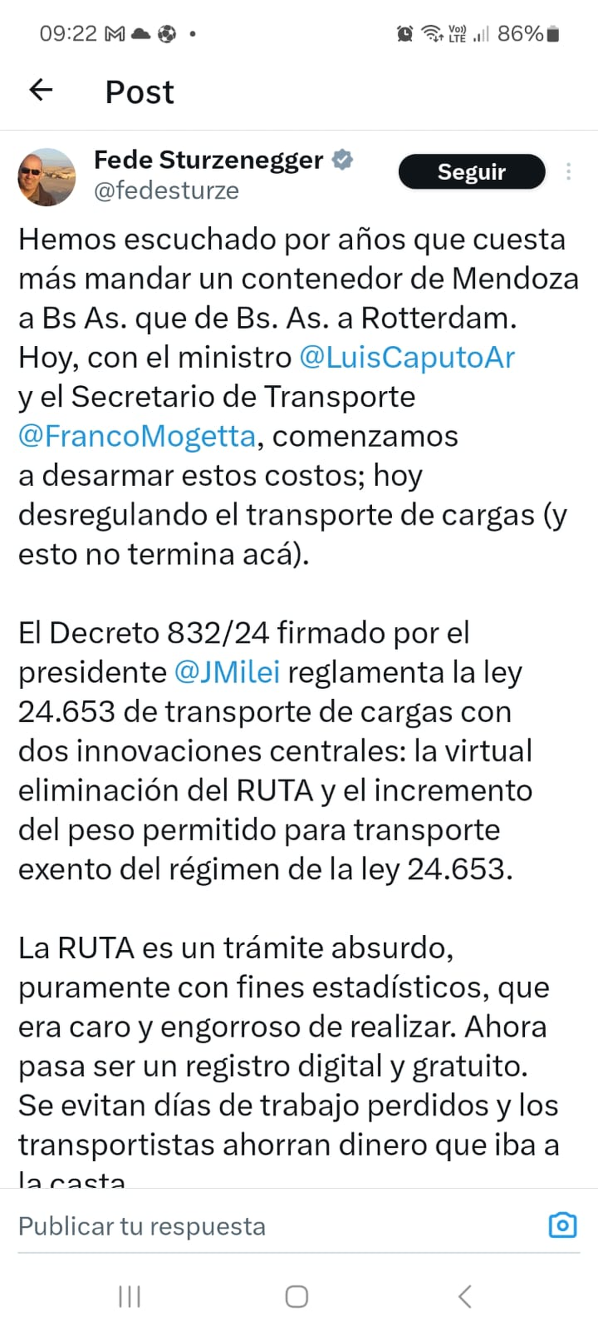 Sturzenegger habló de Mendoza en su perfil de X. Sturzenegger habló de Mendoza en su perfil de X. 