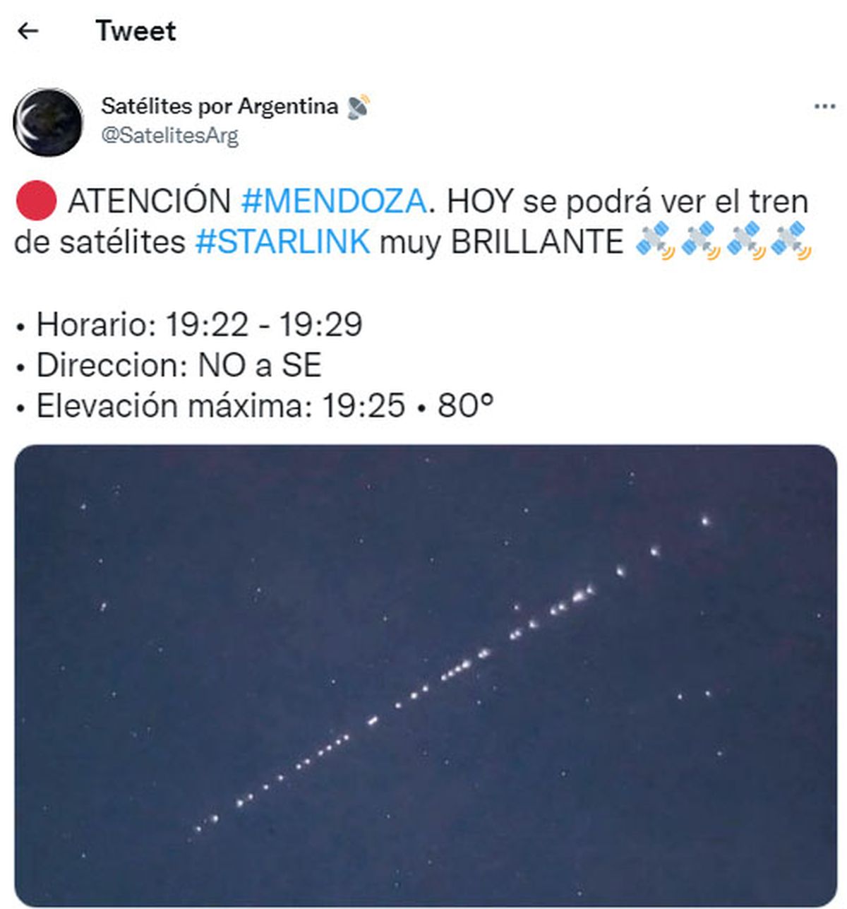 Starlink, la hilera de satélites de SpaceX, está pasando este martes y miércoles por Argentina. 