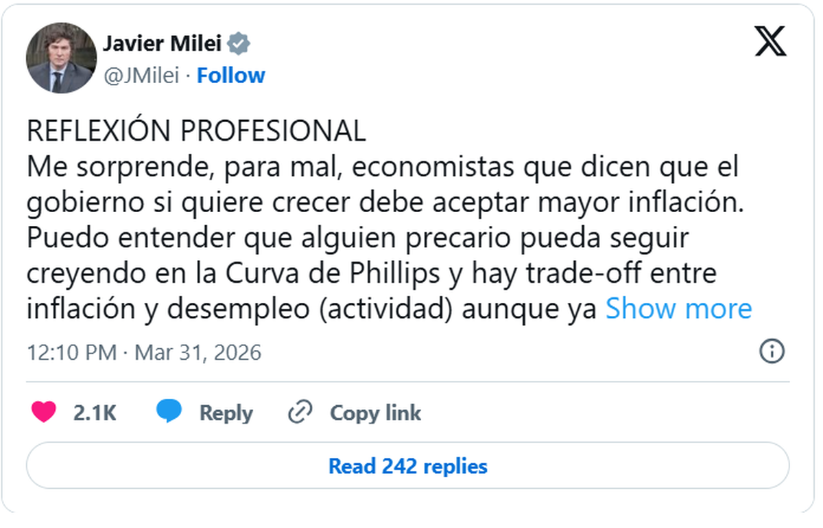 El mensaje en X de Javier Milei.&nbsp;