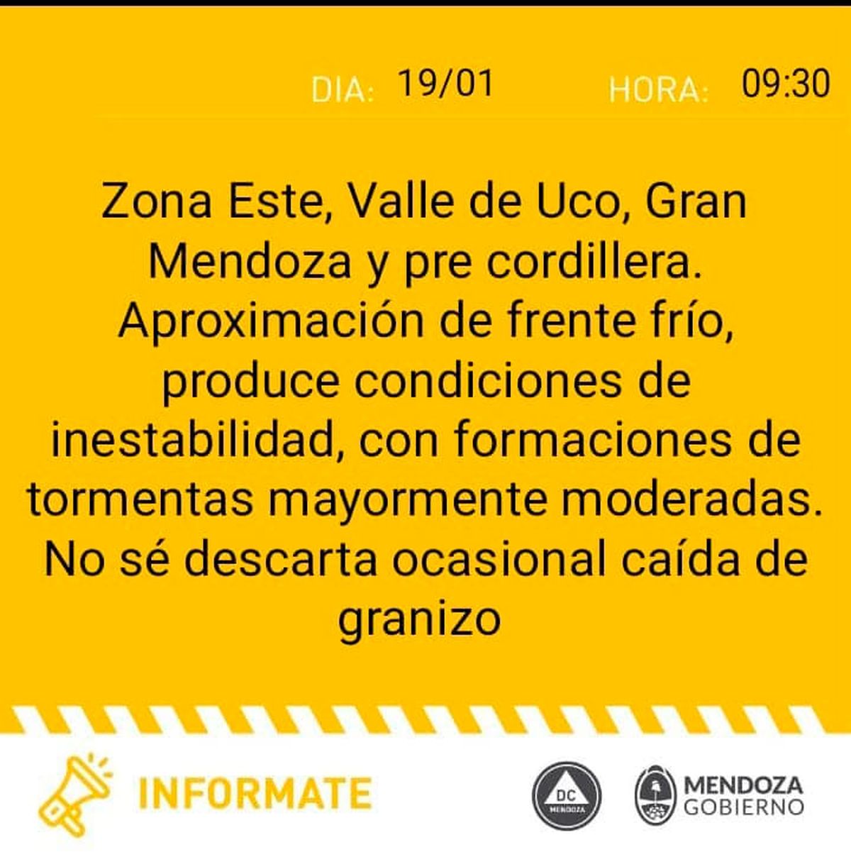 Alerta amarilla en Mendoza por formaciones de tormentas y caída de granizo.