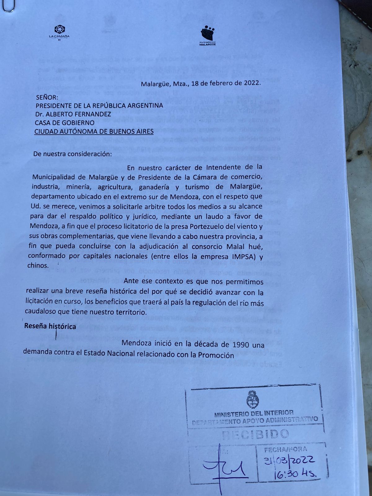 Parte de la carta dirigida al Presidente.