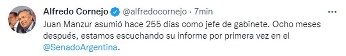 Uno de los tuits que publicó Cornejo al promediar la tarde.