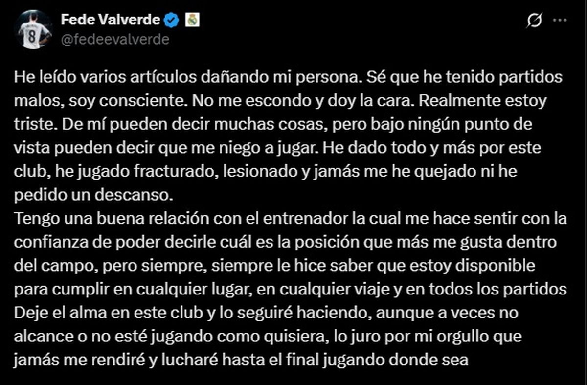 Federico Valverde se expres&oacute; a trav&eacute;s de sus redes sociales.