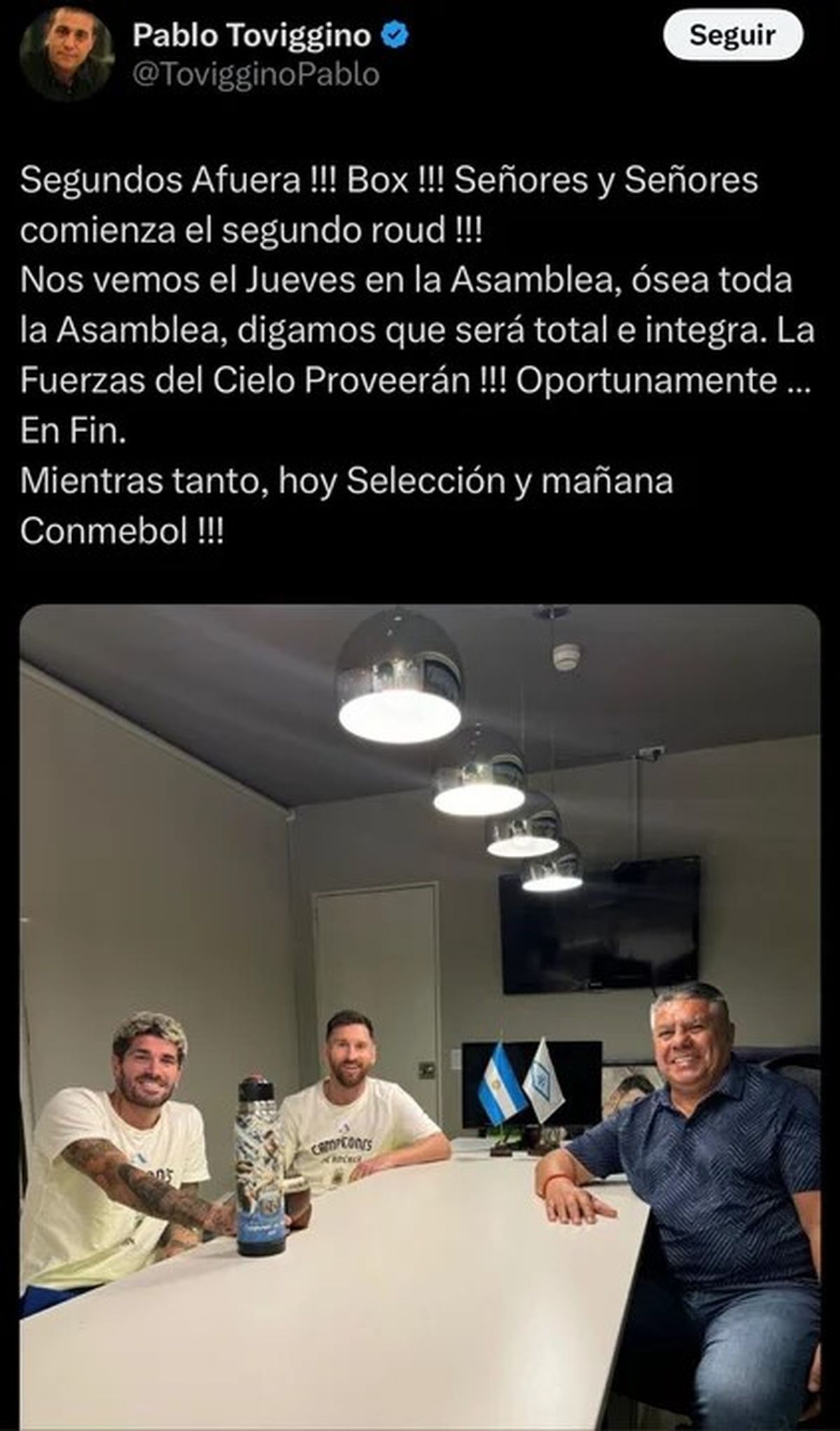 El mensaje que dejó Toviggino en la red social X, confirmando la Asamblea en AFA el 17 de octubre. El mensaje que dejó Toviggino en la red social X, confirmando la Asamblea en AFA el 17 de octubre. 
