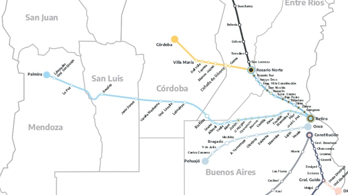 Son 22 estaciones, 1.025 kilómetros, y una duración de entre 24 y 18 horas lo que separan a la estación de Palmira, en San Martín, con Retiro en CABA. Son 22 estaciones, 1.025 kilómetros, y una duración de entre 24 y 18 horas lo que separan a la estación de Palmira, en San Martín, con Retiro en CABA.