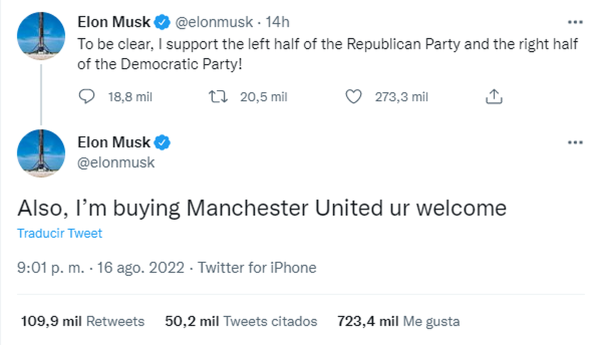 "Voy a comprar el Manchester United, de nada", tuiteó Elon Musk.