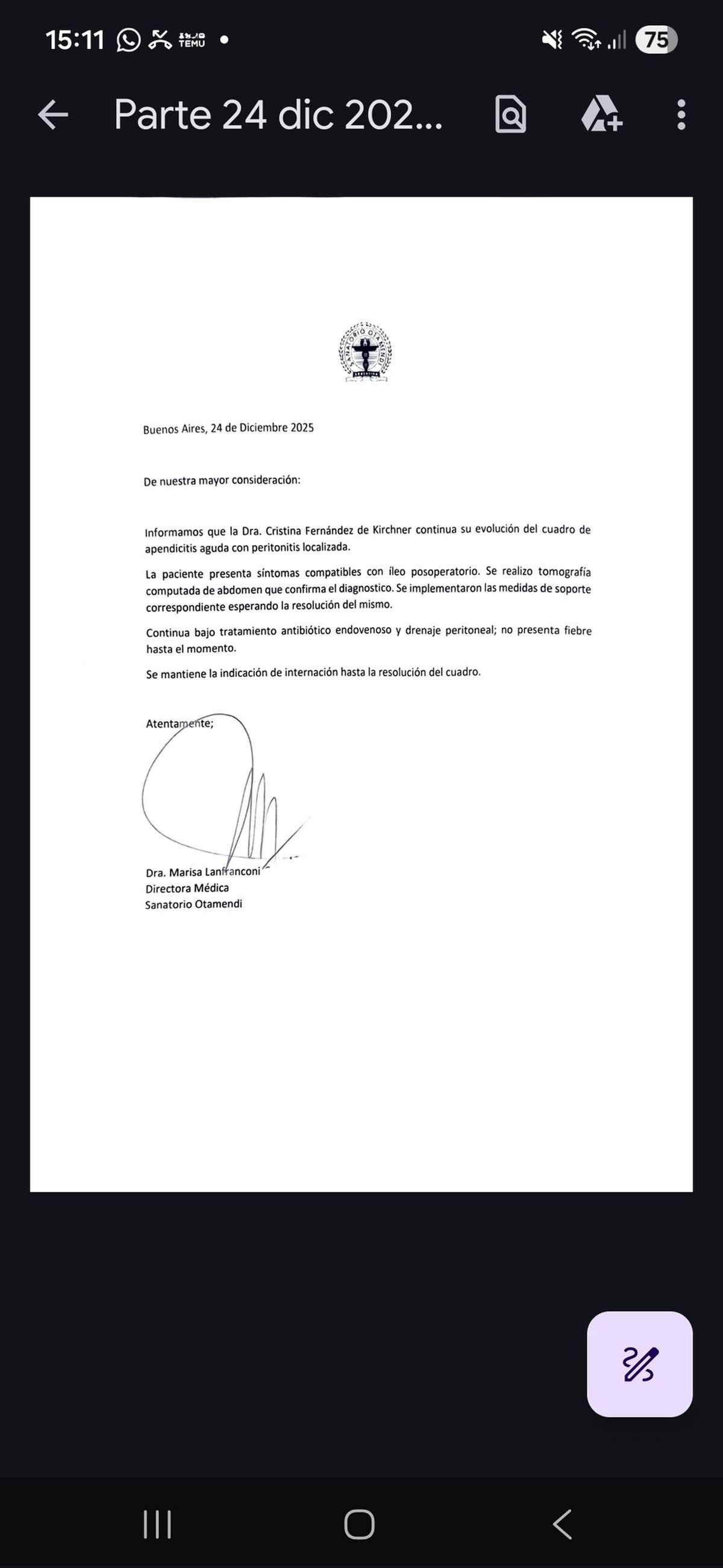 El parte m&eacute;dico oficial sobre la salud de Cristina Kirchner.