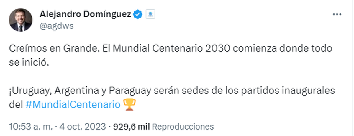 El presidente de la Conmebol, Alejandro Domínguez, confirmó en Twitter que Argentina, Uruguay y Paraguay serán sedes del Mundial 2030. El presidente de la Conmebol, Alejandro Domínguez, confirmó en Twitter que Argentina, Uruguay y Paraguay serán sedes del Mundial 2030.