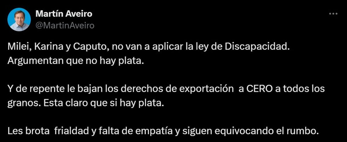 La publicación en X del diputado nacional por Mendoza, Martín Aveiro. La publicación en X del diputado nacional por Mendoza, Martín Aveiro.