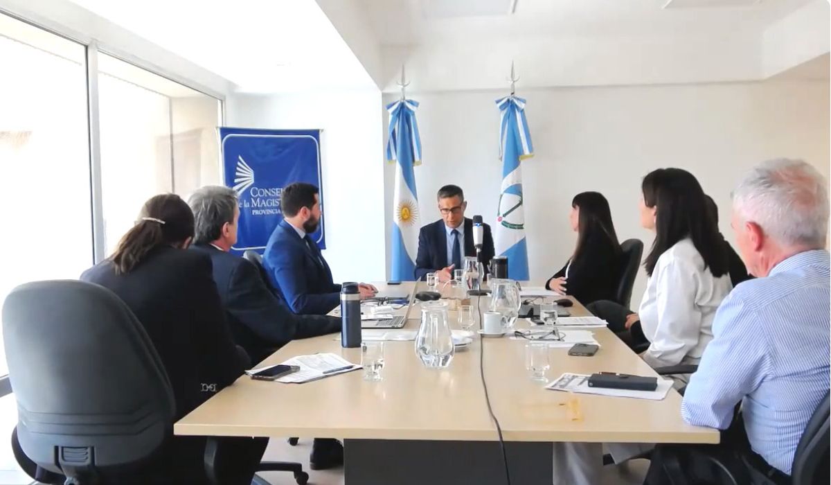 Sebastián Sarmiento durante la entrevista personal con consejeros de la Magistratura de Neuquén, donde aspira a ser juez de Ejecución Penal a 200 km de la capital. Captura de pantalla