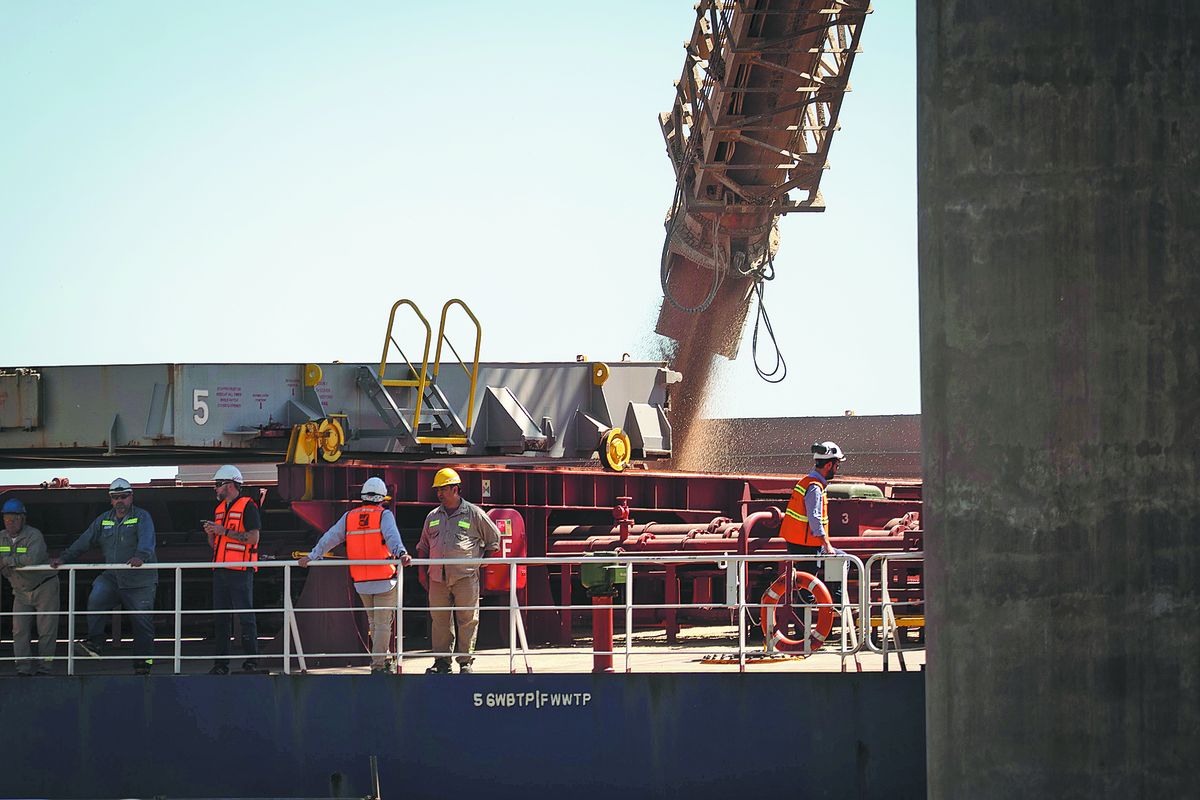 Personal trabaja junto a un buque cargado con trigo con destino a China en el puerto de Timbúes, provincia de Santa Fe, el 13 de diciembre. MARTÍN ZABALA / XINHUA.