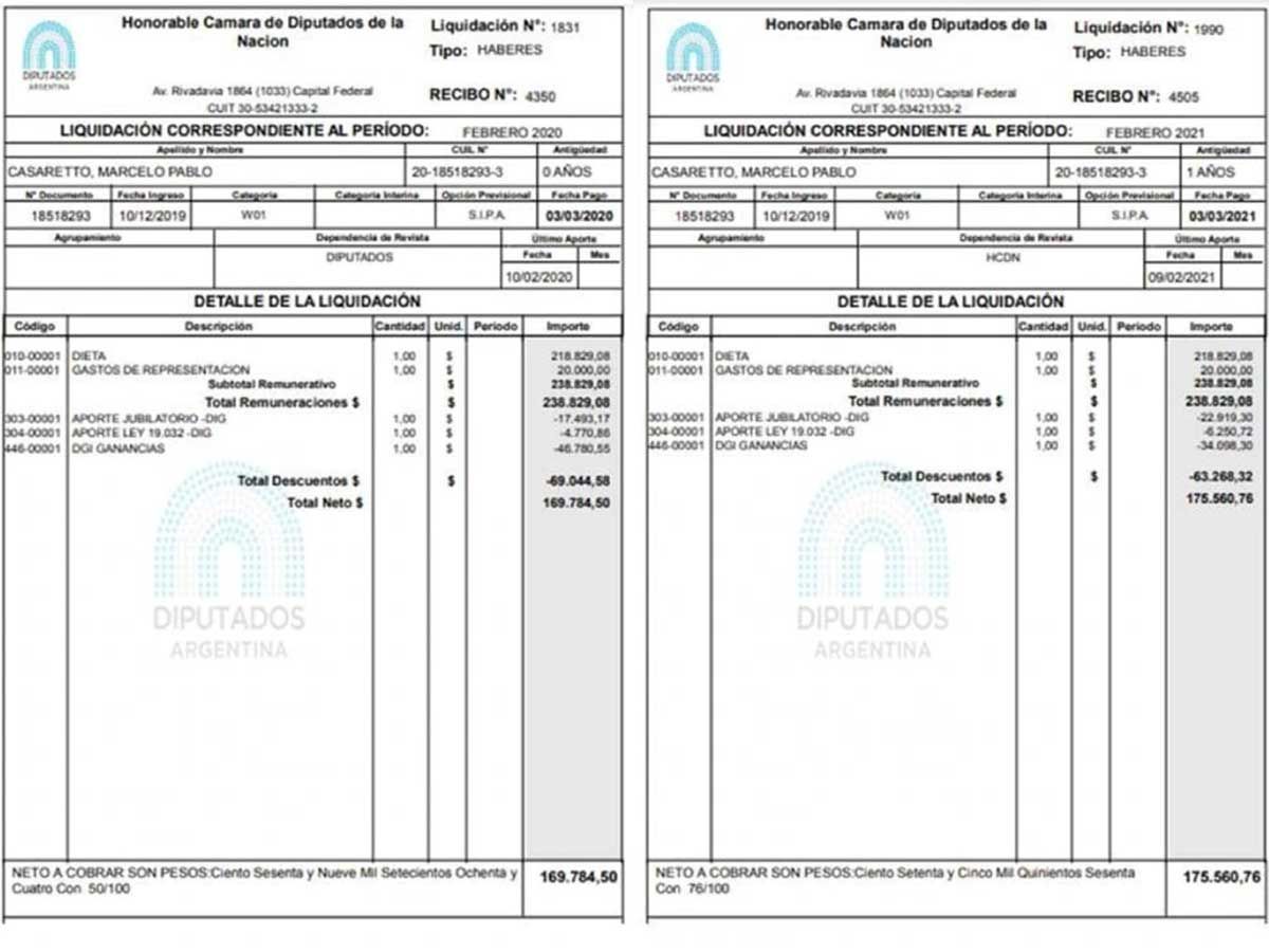 Bono de sueldo de un diputado en marzo de 2021. 