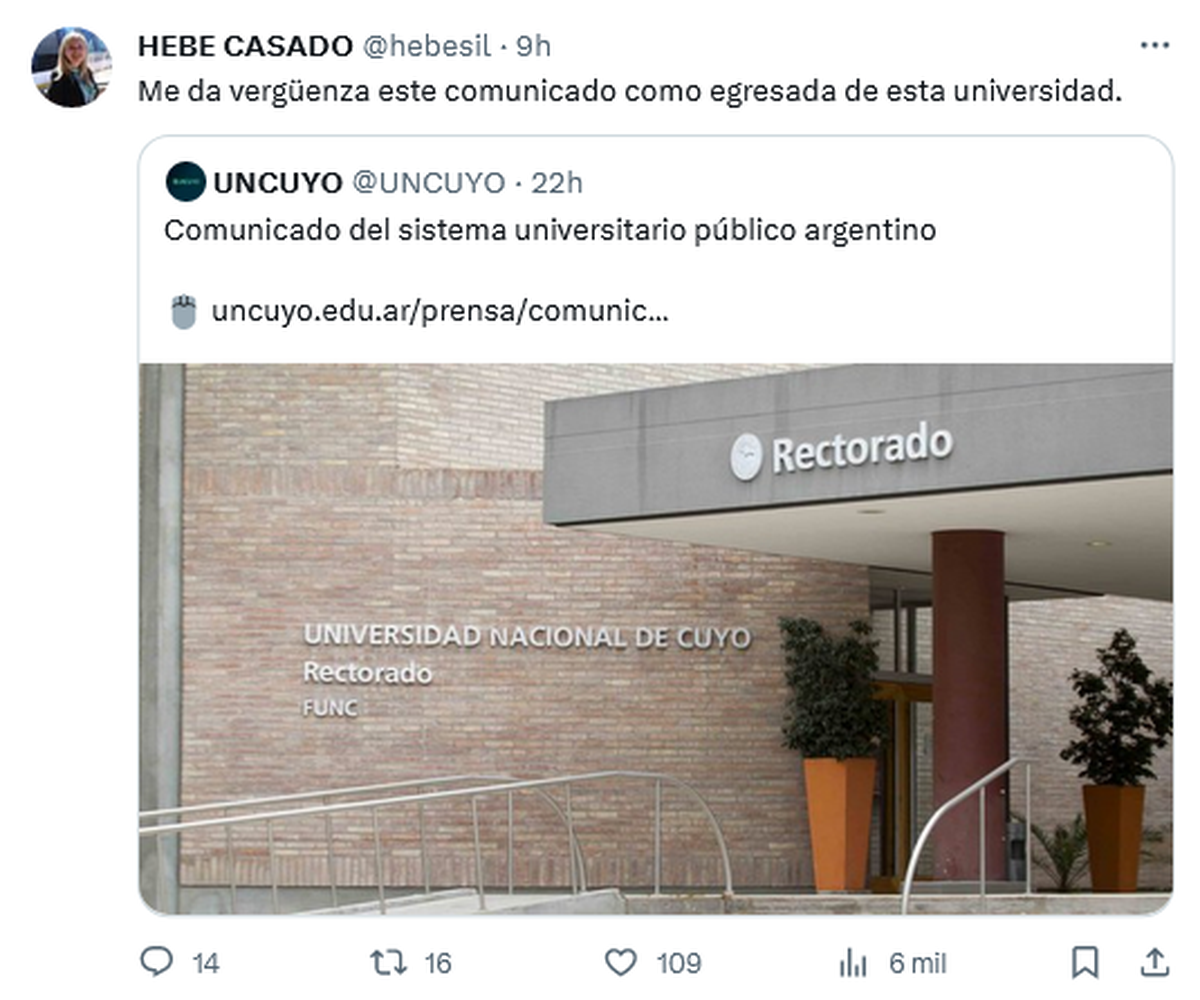 Así tuiteó Hebe Casado contra la adhesión de la UNCuyo al plan de Javier Milei sobre la educación pública. Así tuiteó Hebe Casado contra la adhesión de la UNCuyo al plan de Javier Milei sobre la educación pública.