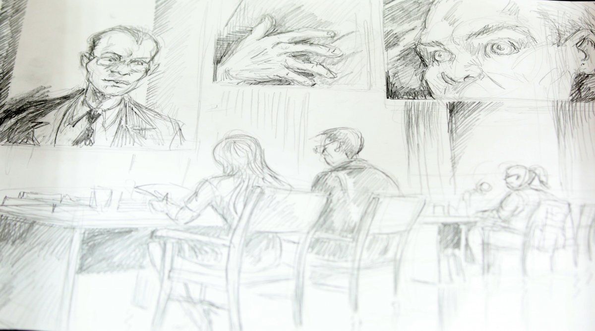 La obra de Pérez Santos. Arriba, el juez Alejandro Miguel y la mano inquieta y los ojos saltones del acusado; abajo: los fiscales Claudia Ríos y Fernando Guzzo y la defensora Gabriela Massad.