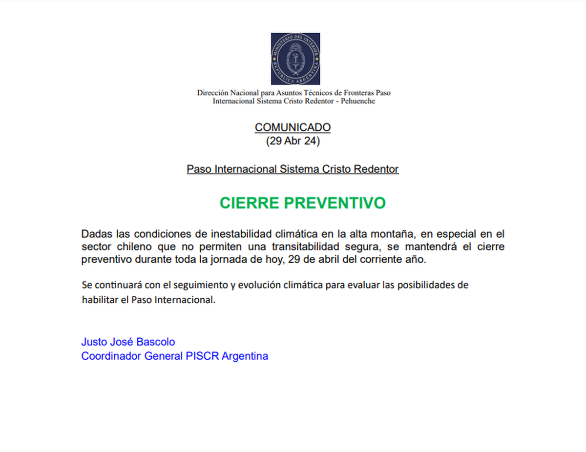 El comunicado del paso a Chile por el cierre preventivo de este lunes 29 de abril.