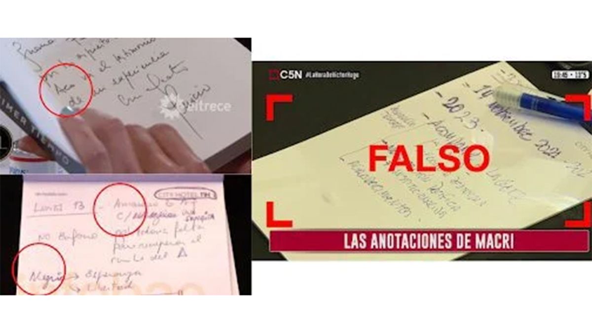 A la izquierda, la letra de Macri en la dedicatoria a Juana Viale y en la foto de Maximiliano Luna (Infobae); a la derecha la foto falsamente atribuida a Mauricio Macri.