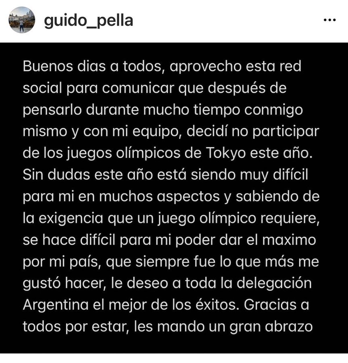 El comunicado de Guido Pella en su cuenta de instagram.