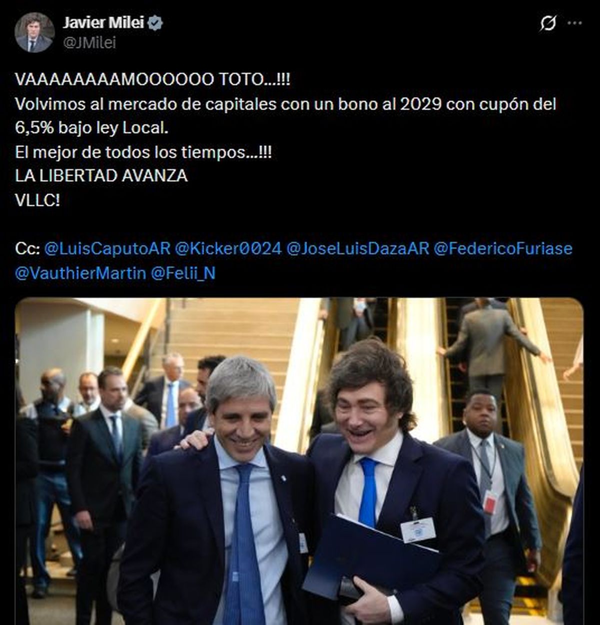 El festejo de Javier Milei en X.&nbsp;