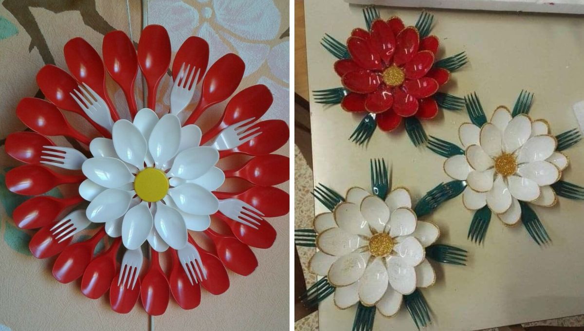 Las cucharas y tenedores de plástico pueden reciclarse para crear hermosos adornos. Las cucharas y tenedores de plástico pueden reciclarse para crear hermosos adornos. 