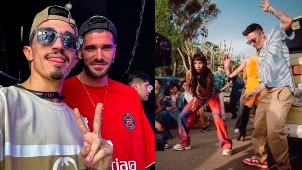 Axel Brian Egestti, ex bailarín de Tini, junto a Rodrigo de Paul y María Becerra.