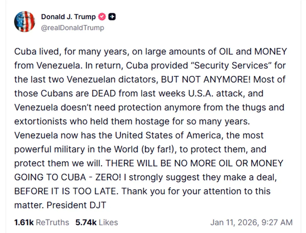 La publicaci&oacute;n del presidente de Estados Unidos, Donald Trump, en Truth Social.