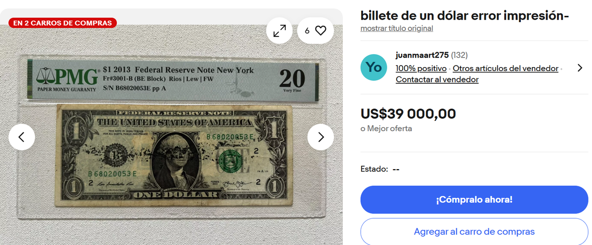 Este billete de 1 dólar vale 39 mil dólares. Este billete de 1 dólar vale 39 mil dólares.