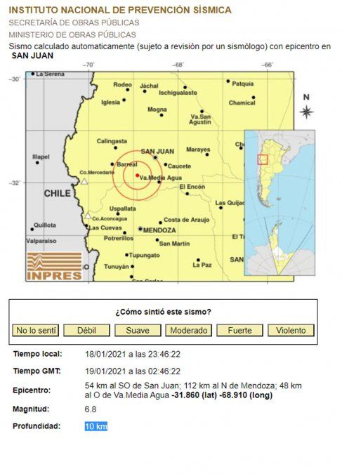 Un terremoto de 6.8 con epicentro en San Juan se sintió fuertemente en Mendoza.