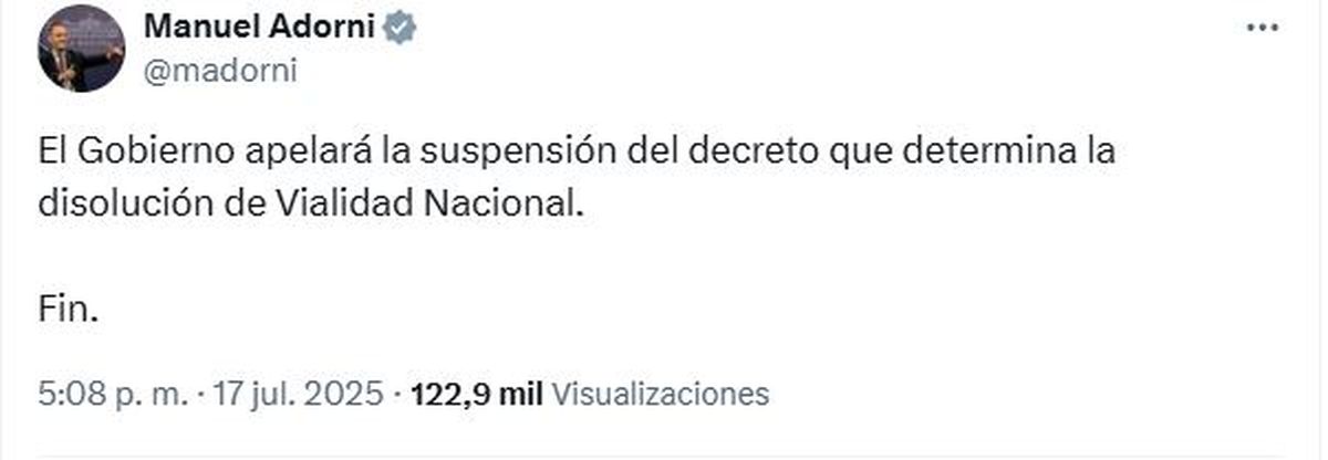 El gobierno de Milei confirmó que apelará el fallo que suspendió la disolución de Vialidad