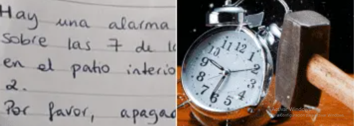 Vecino molesto. Vecinos enojados con un dormilón que deja sonar la alarma sin parar.