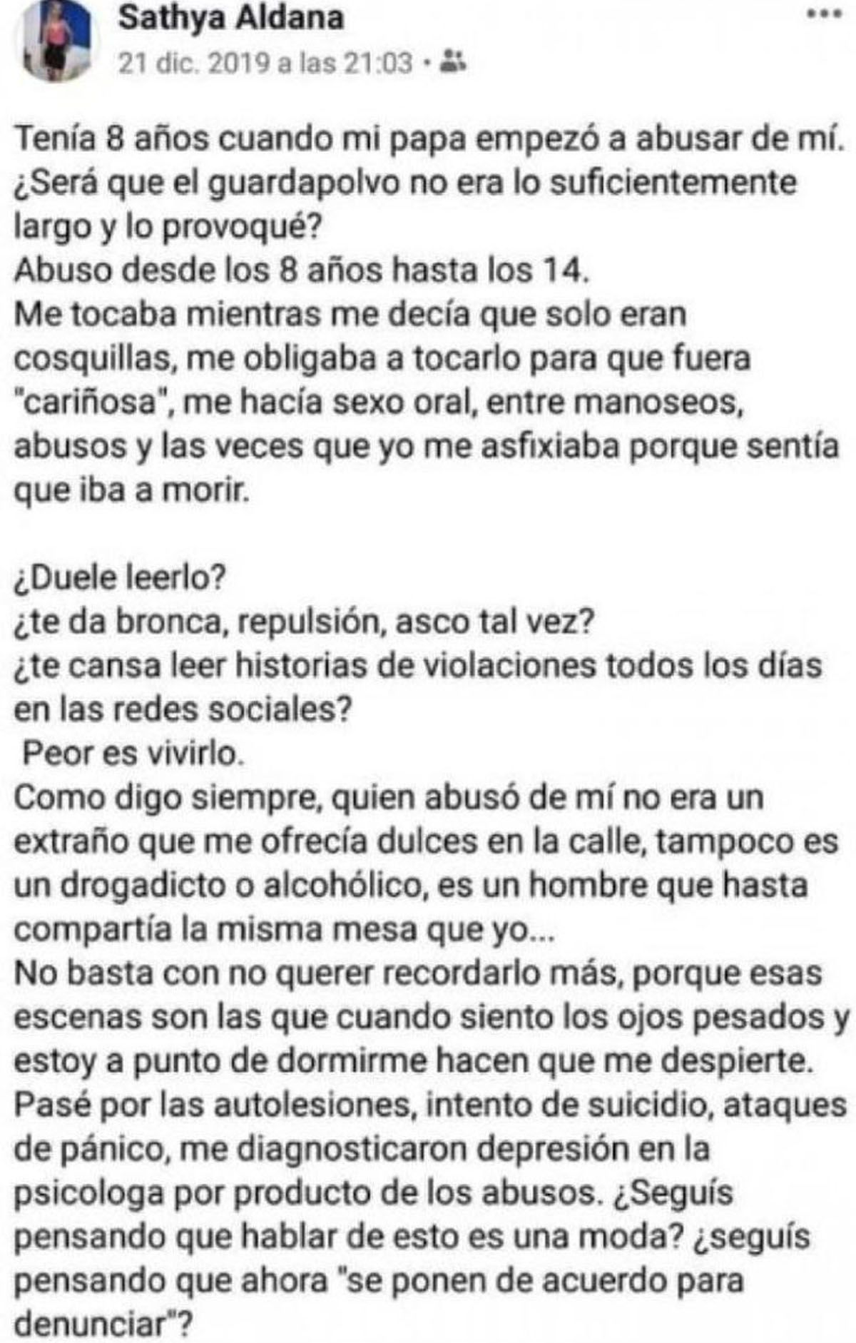 Poco antes de morir, Sathya Aldana escrib&iacute;a esto en Facebook. Hoy su padre Walter Insaurralde fue condenado a perpetua por abuso sexual seguido de muerte.