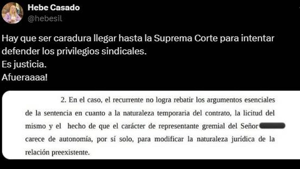 El tuit de Hebe Casado sobre el fallo de la Suprema Corte respecto al desafuero de un empleado de la Legislatura. El tuit de Hebe Casado sobre el fallo de la Suprema Corte respecto al desafuero de un empleado de la Legislatura.