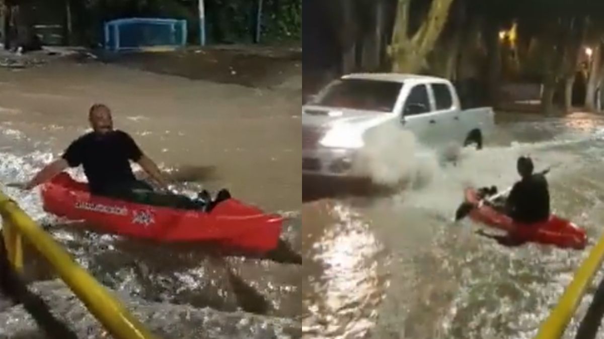 Un mendocino aprovechó que la tormenta inundó la calle e hizo un deporte insólito