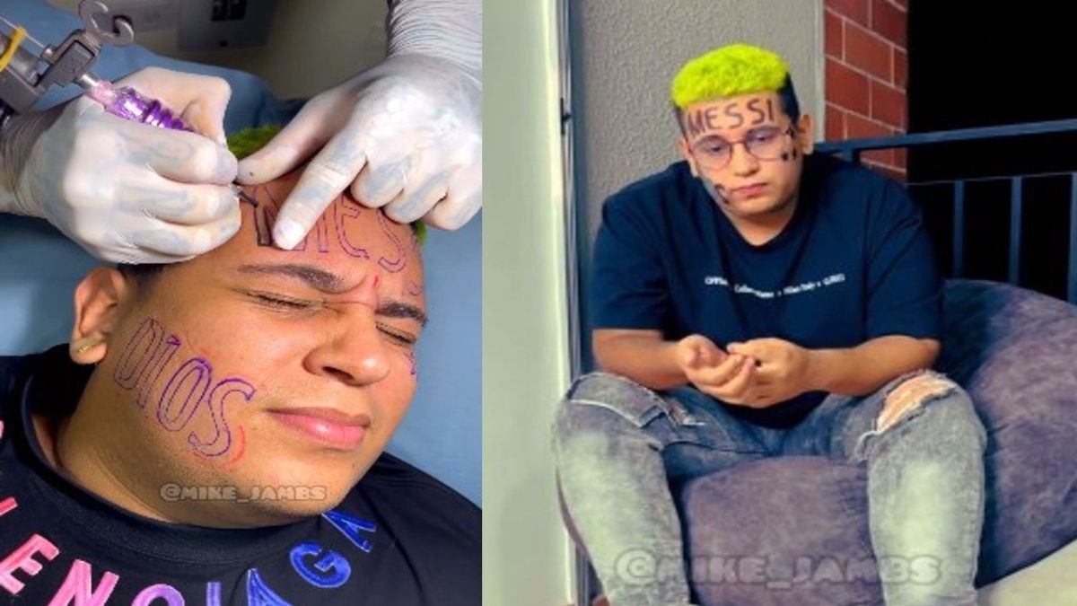 Un joven se hizo viral por tatuarse el nombre de Lionel Messi en el rostro
