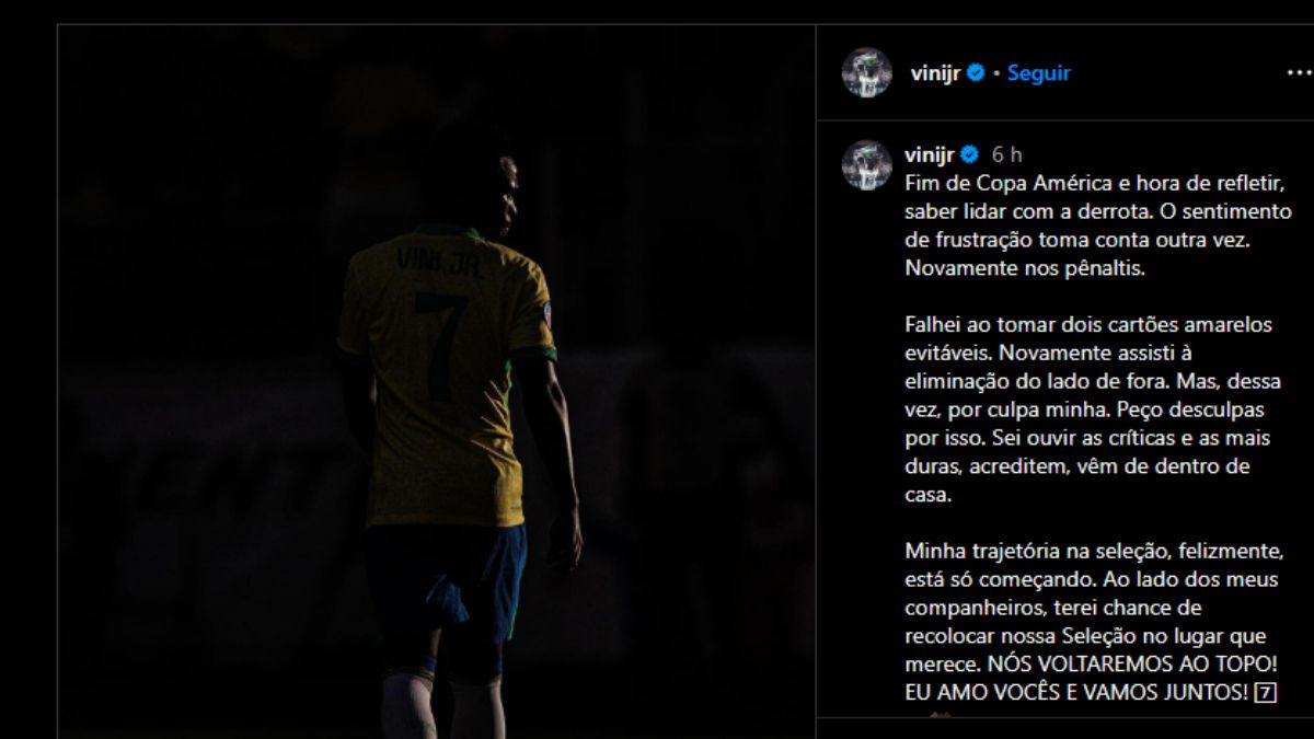 Este es el posteo en portugués que hizo Vinicius Júnior en su cuenta de Instagram, responsabilizándose por la ausencia en el duelo frente a Uruguay en los cuartos de final de la Copa América 2024. Este es el posteo en portugués que hizo Vinicius Júnior en su cuenta de Instagram, responsabilizándose por la ausencia en el duelo frente a Uruguay en los cuartos de final de la Copa América 2024.