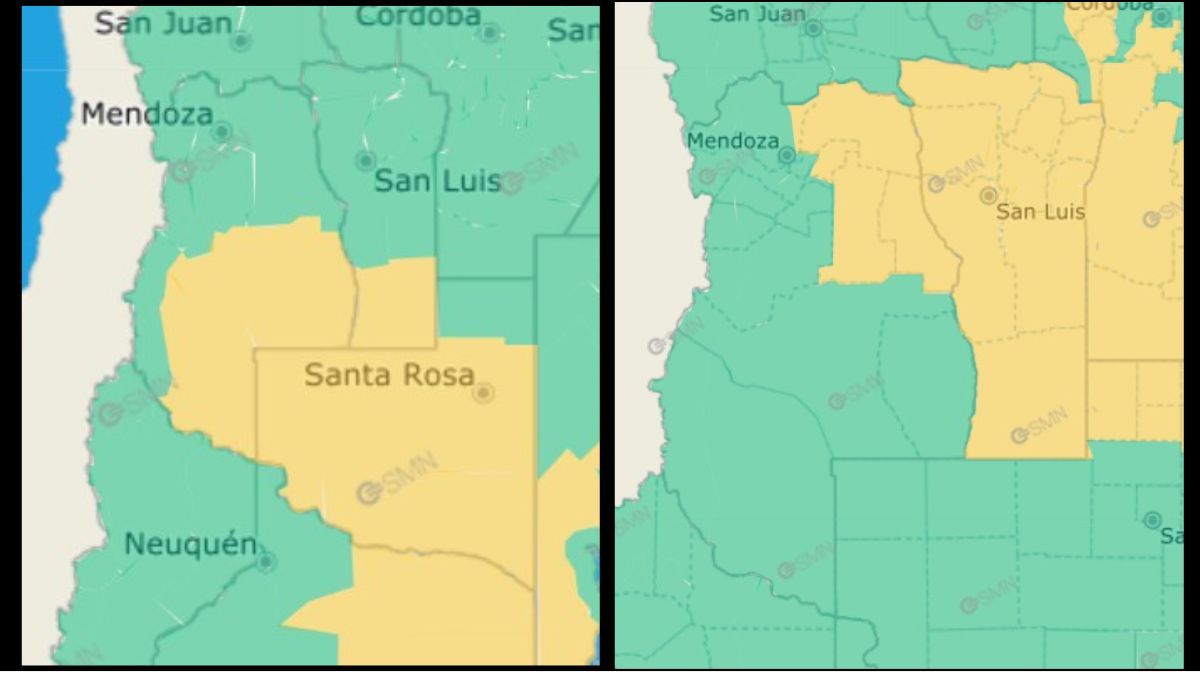 En la imagen de la izquierda se puede ver la alerta amarilla del SMN que rige en el sur de Mendoza para este domingo 8. En la imagen de la derecha, las zonas bajo alerta amarilla para el lunes 9 -norte y este provincial- 